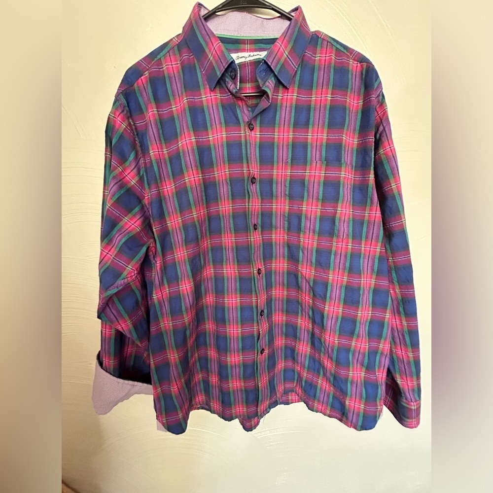 Tommy Bahama Shirt Plaid Silk Blend Red Blue Size L Long Sleeve